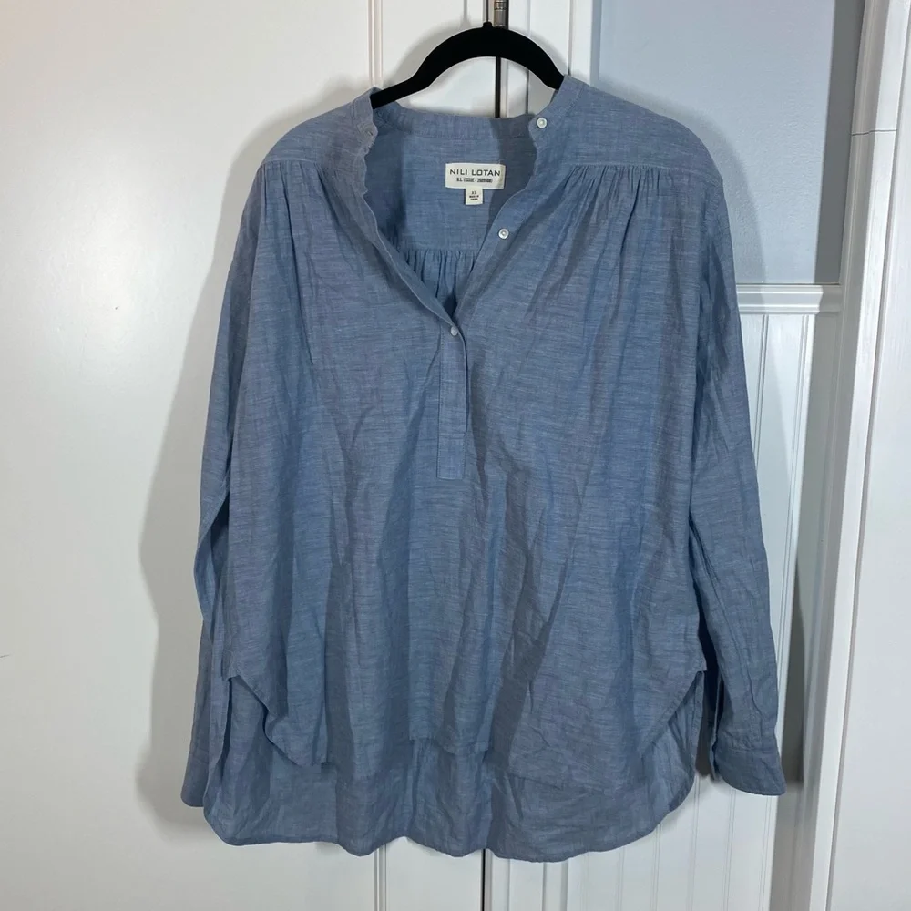 NILI LOTAN Neville Cotton Long Sleeve Popover Blouse Chambray Blue Size XS‎